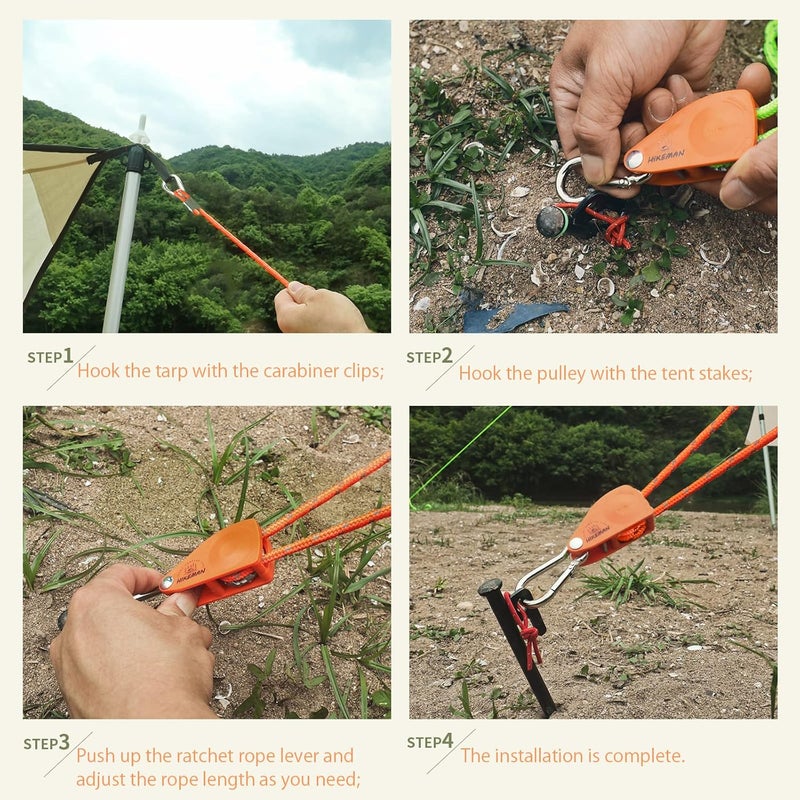 HIKEMAN Camping Rope with Ratchet Pulley,Quick Setup Outdoor Guy Lines Adjustable Tent Tie Downs Rope Hanger for Canopy,Kayak and Canoe,Grow Light (Fluorescent Green) - Image 4